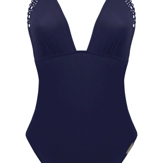 Lise Charmel Navy Plunging Back Halter Swimsuit Ajourage Couture