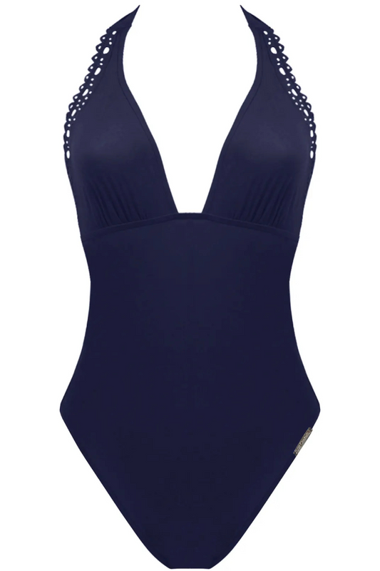 Lise Charmel Navy Plunging Back Halter Swimsuit Ajourage Couture