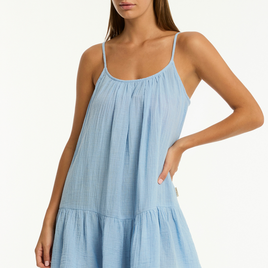 Sea Level Sunset Cornflower Blue Cotton Short Sundress